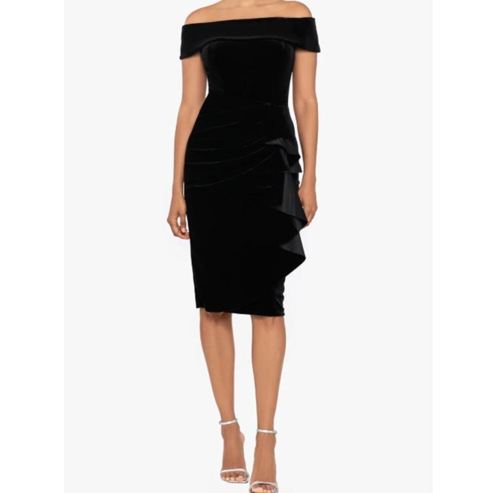 XSCAPE Cassandra Dress Black Velvet Ruffle Off The Shoulder Women's 14